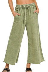 Zenana Washed French Terry Palazzo With Pockets LT OLIVE OutfitFlow