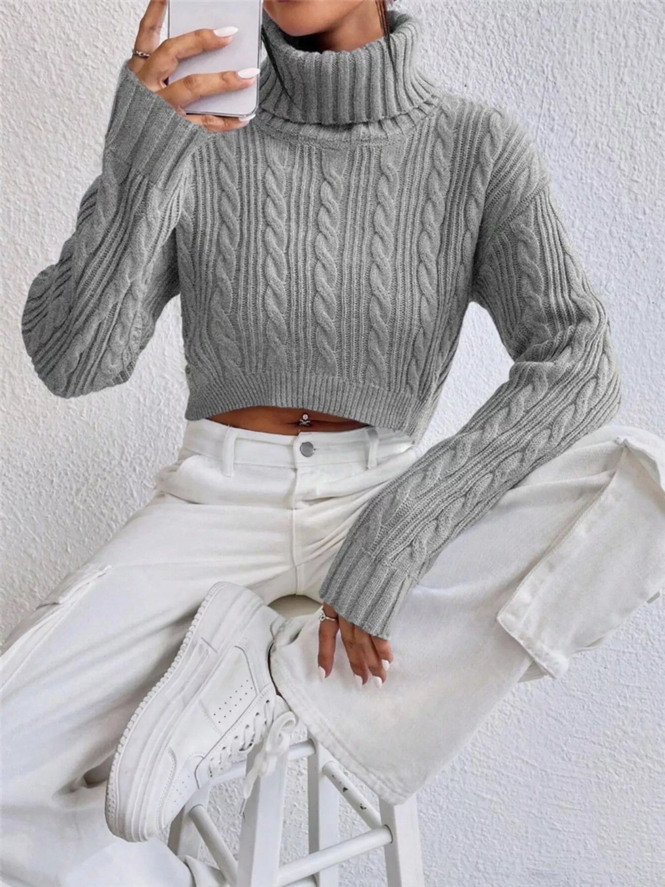 Cable-Knit Turtleneck Long Sleeve Sweater Gray OutfitFlow