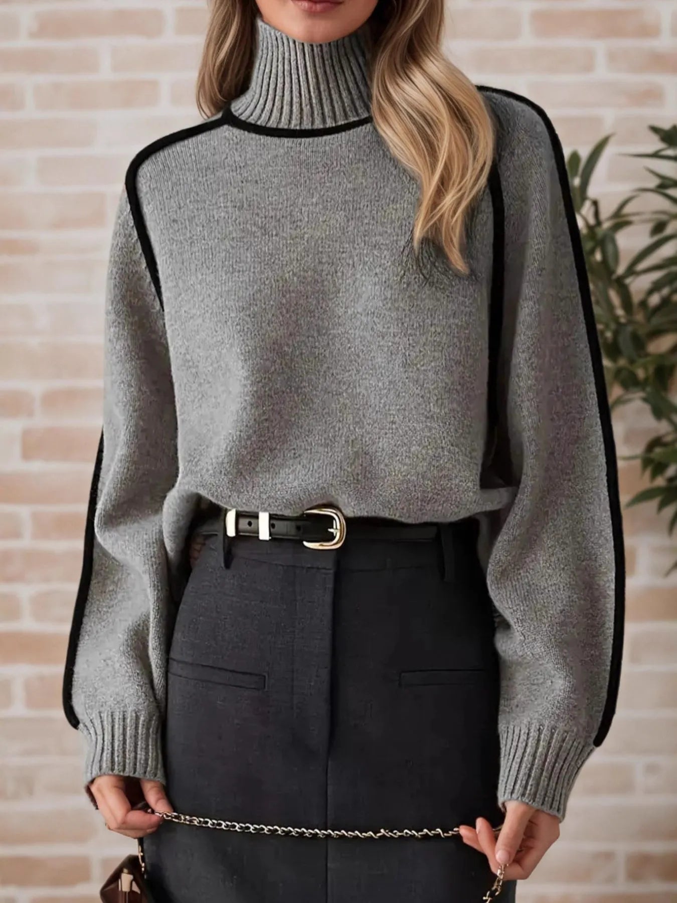 Contrast Trim Turtleneck Sweater OutfitFlow