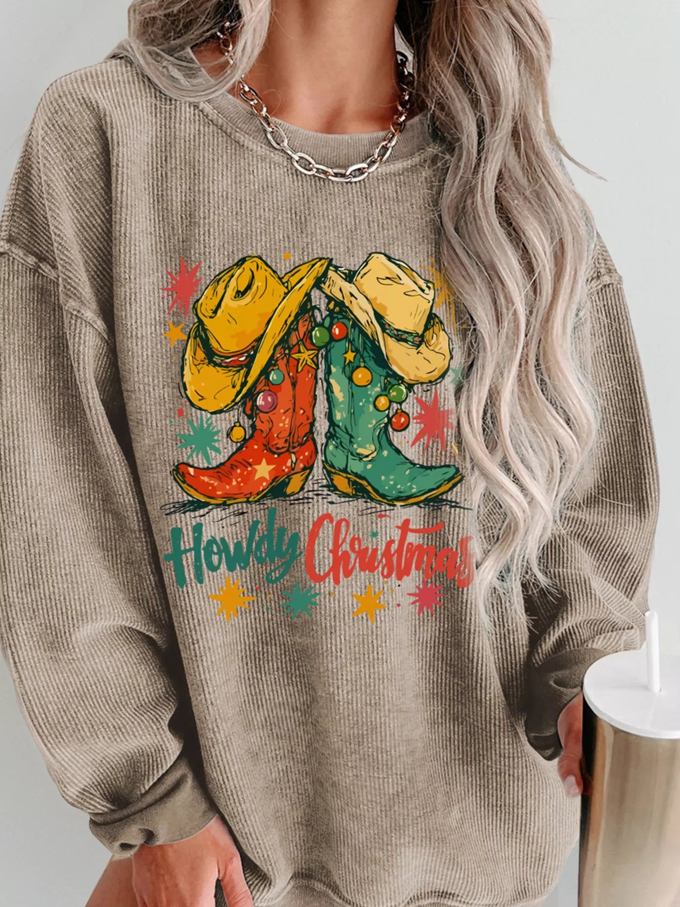 Howdy Christmas Cowboy Boots Graphic Corded Sweatshirt OutfitFlow