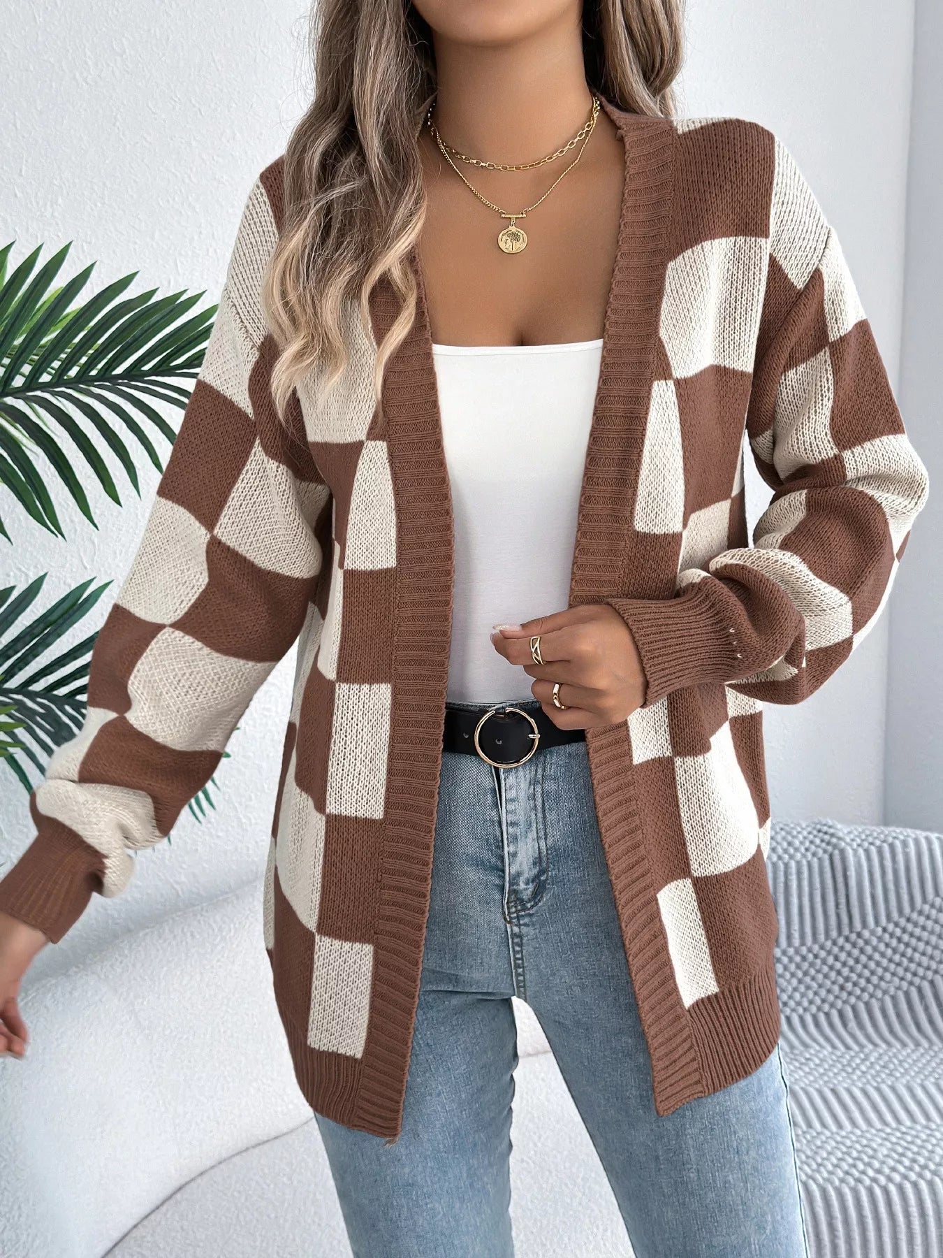Checkered Pattern Open Front Cardigan OutfitFlow