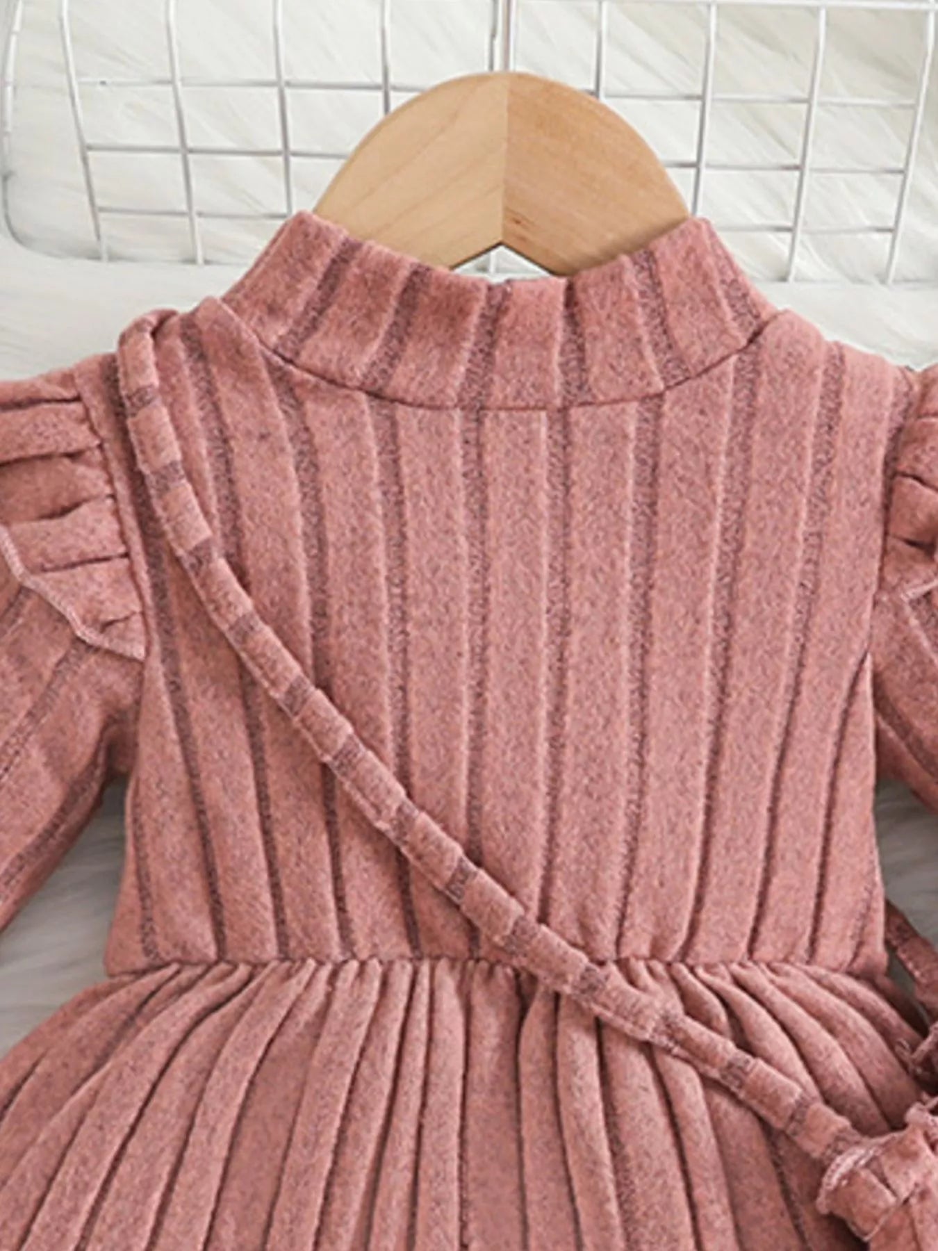 Children's Ribbed Knit Ruffle Trim Dress with Bag Trendsi