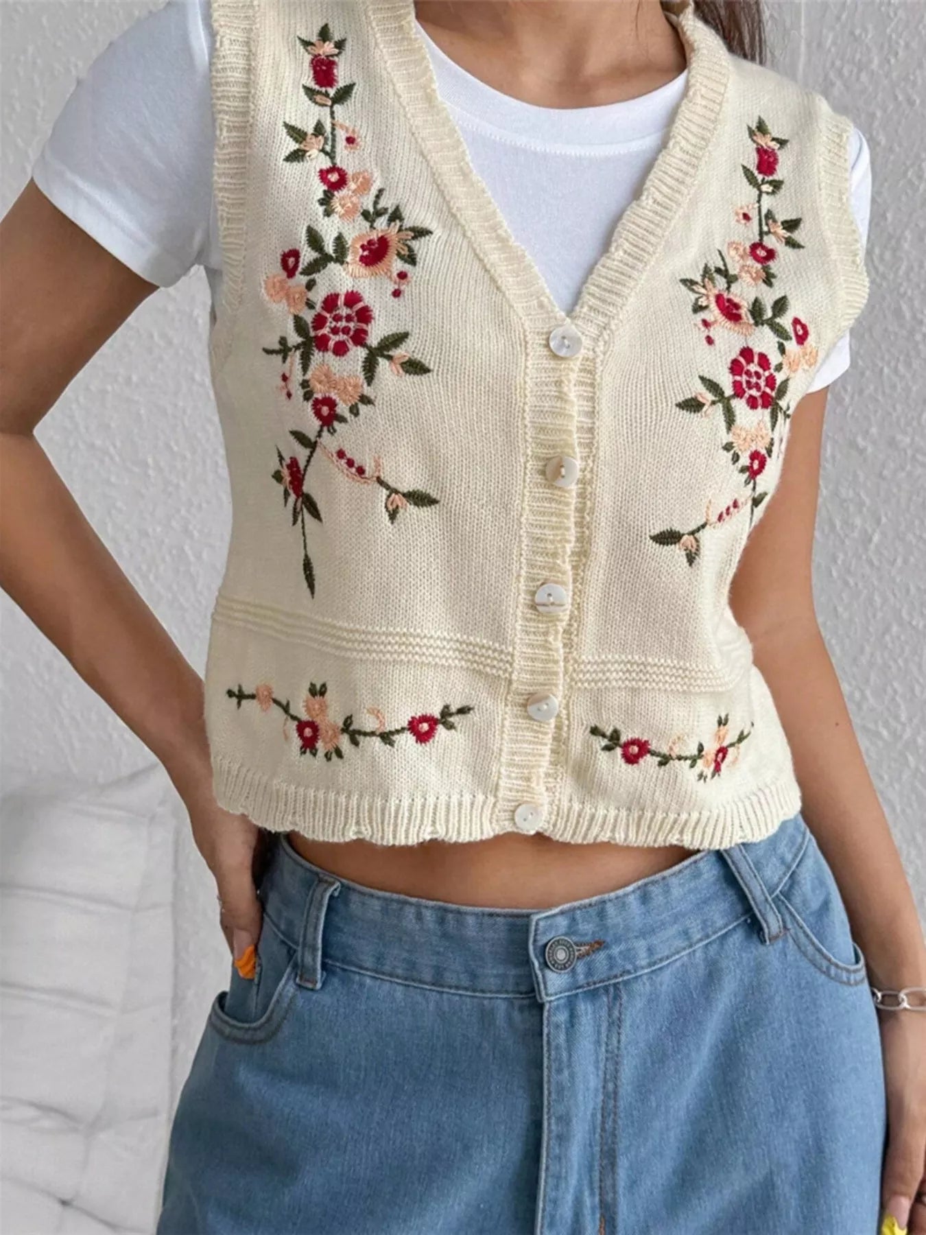 Embroidered Button Up Sweater Vest OutfitFlow
