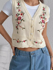 Embroidered Button Up Sweater Vest OutfitFlow