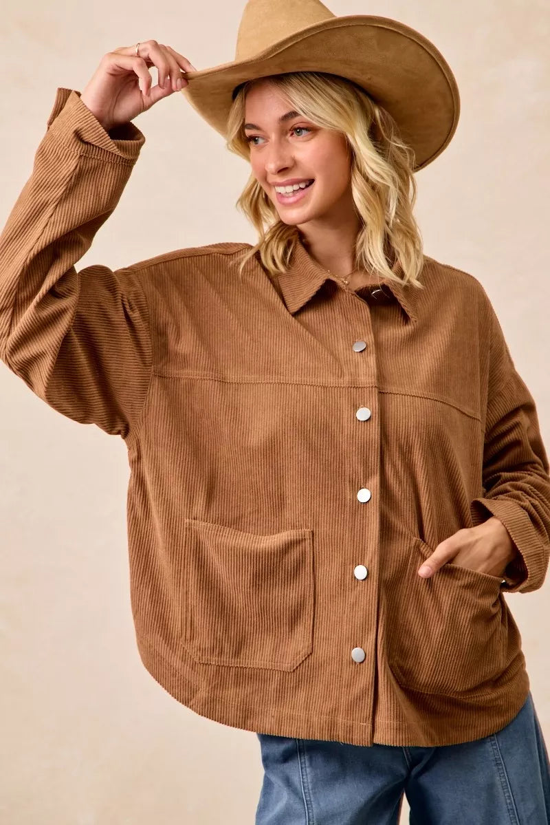 BiBi Corduroy Relaxed Fit Shacket with Back Pleat OutfitFlow