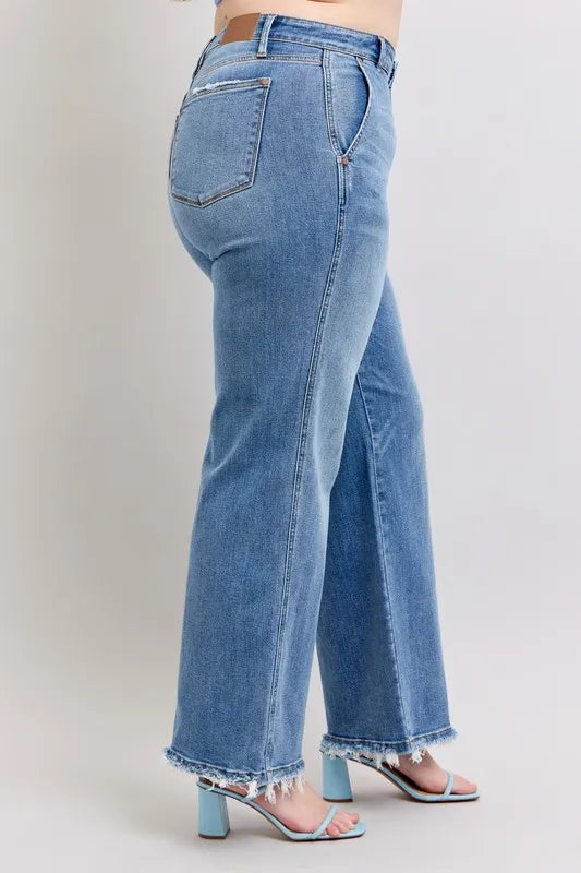 Judy Blue Full Size Raw Hem Wide Leg Jeans Plus Size OutfitFlow