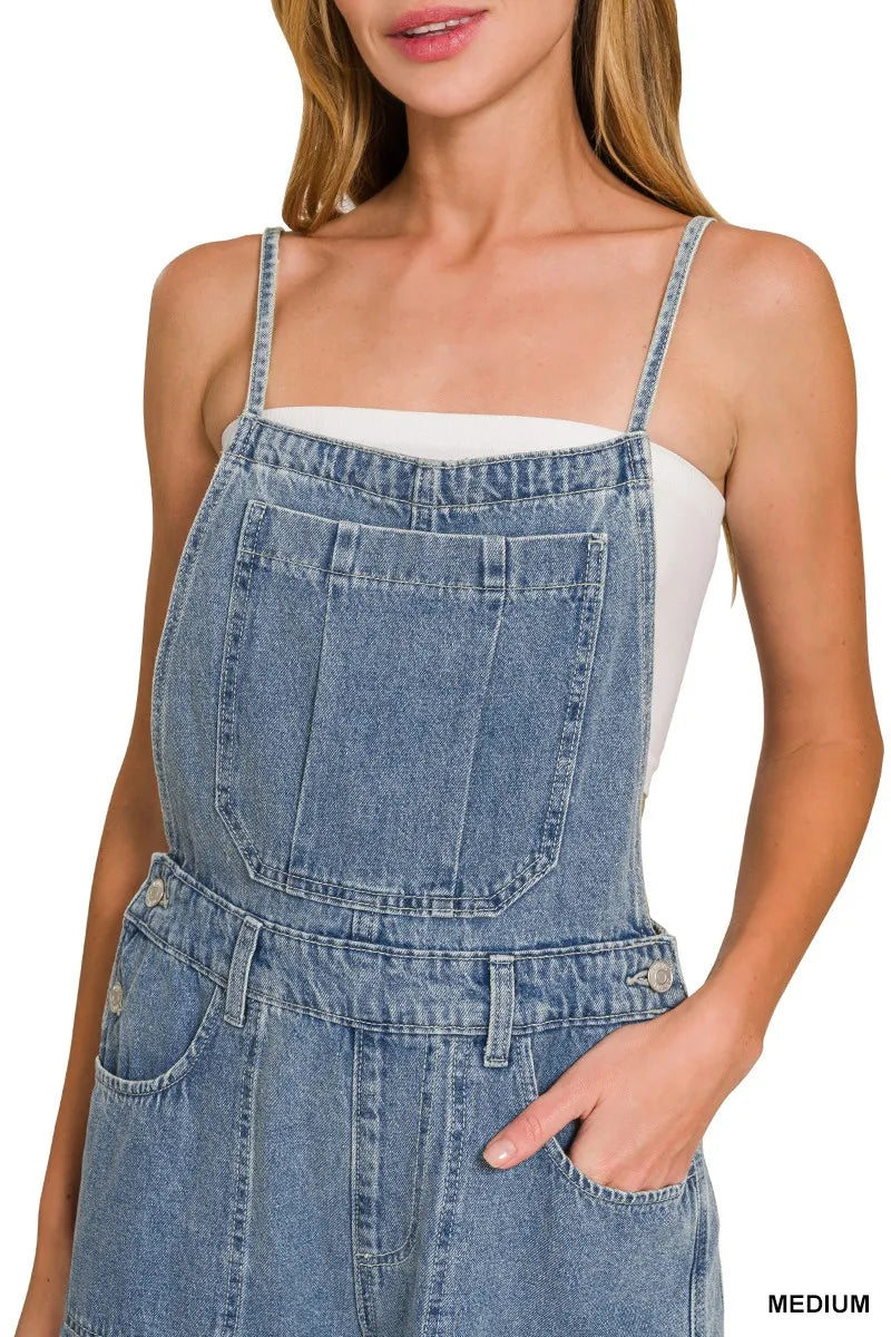 Zenana Denim Medium Washed Wide Leg Overalls Trendsi