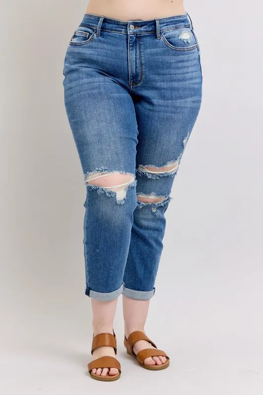 Judy Blue Full Size Mr Vintage Wash Boyfriend Fit W/ Destroy Jeans Plue Size OutfitFlow