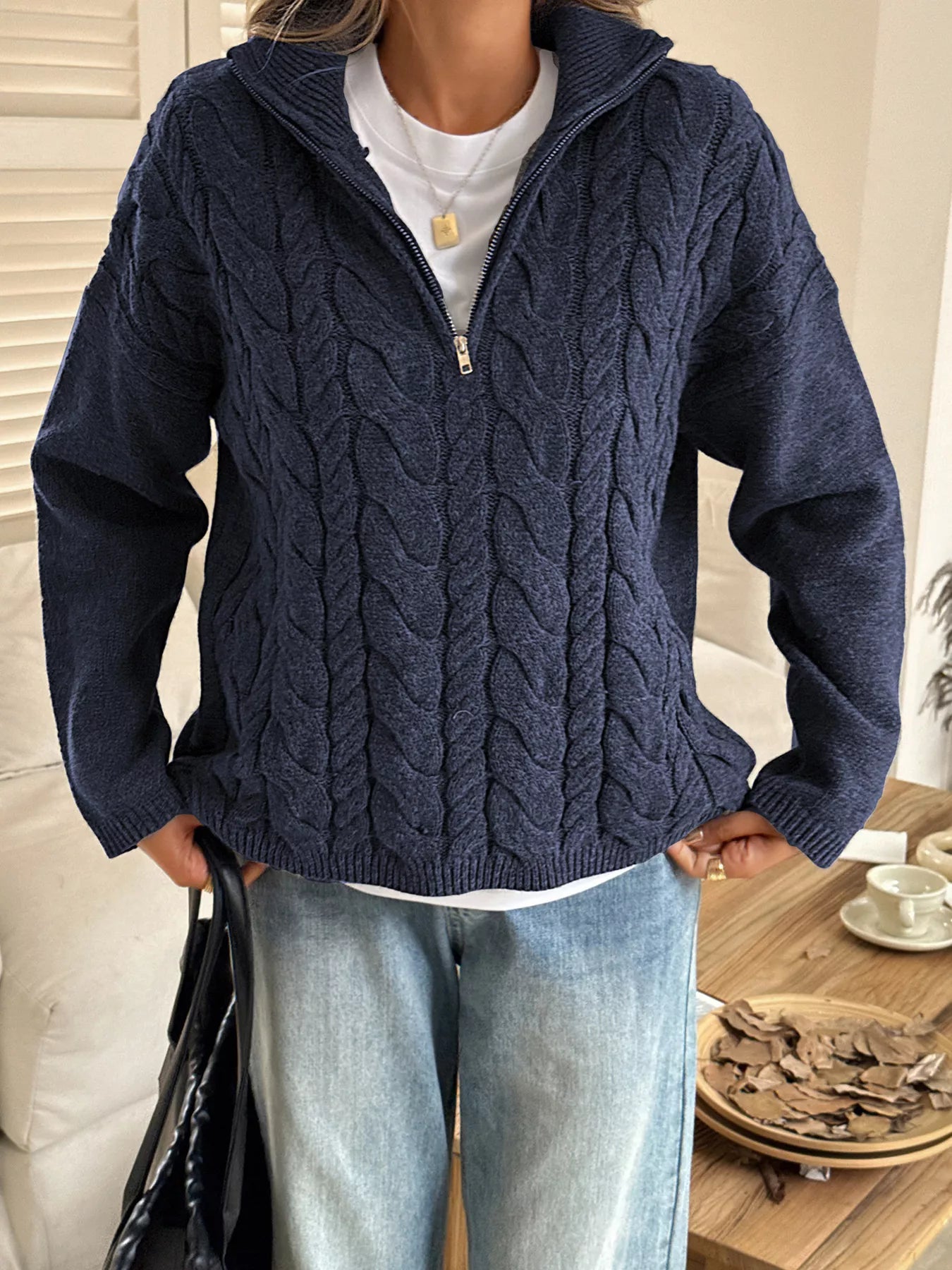 Zip Collar Cable-Knit Sweater OutfitFlow