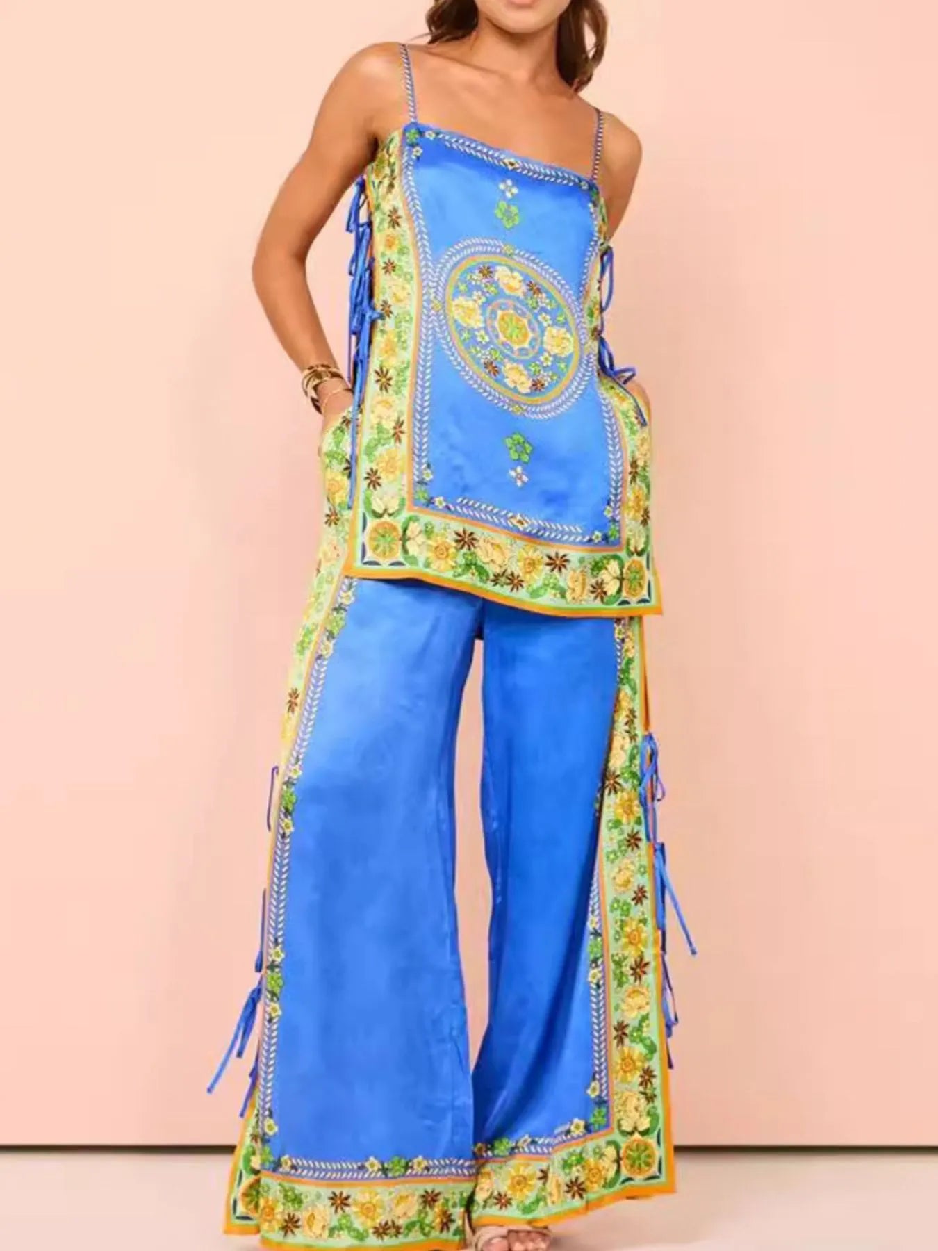 Floral Side Tied Cami and Pants Set OutfitFlow