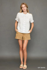 Umgee Peter Pan Collared Button Down Textured Shirt with Ruffled Detail Trendsi