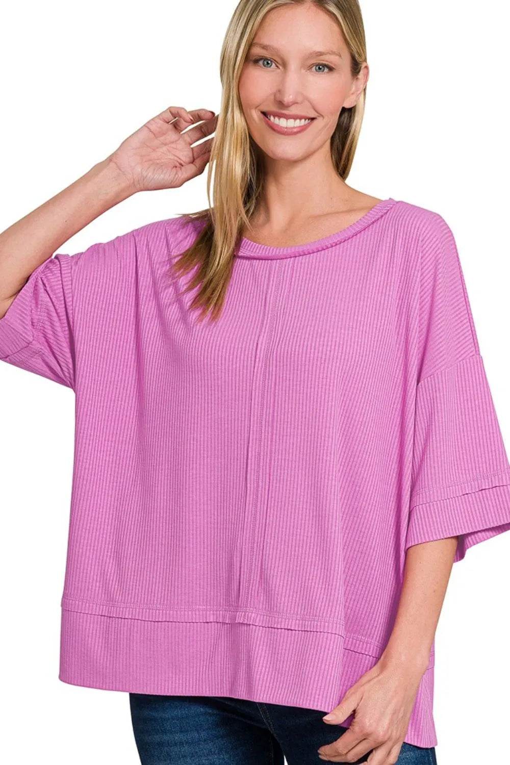 Zenana Ribbed Boat Neck 3/4 Sleeve Top OutfitFlow