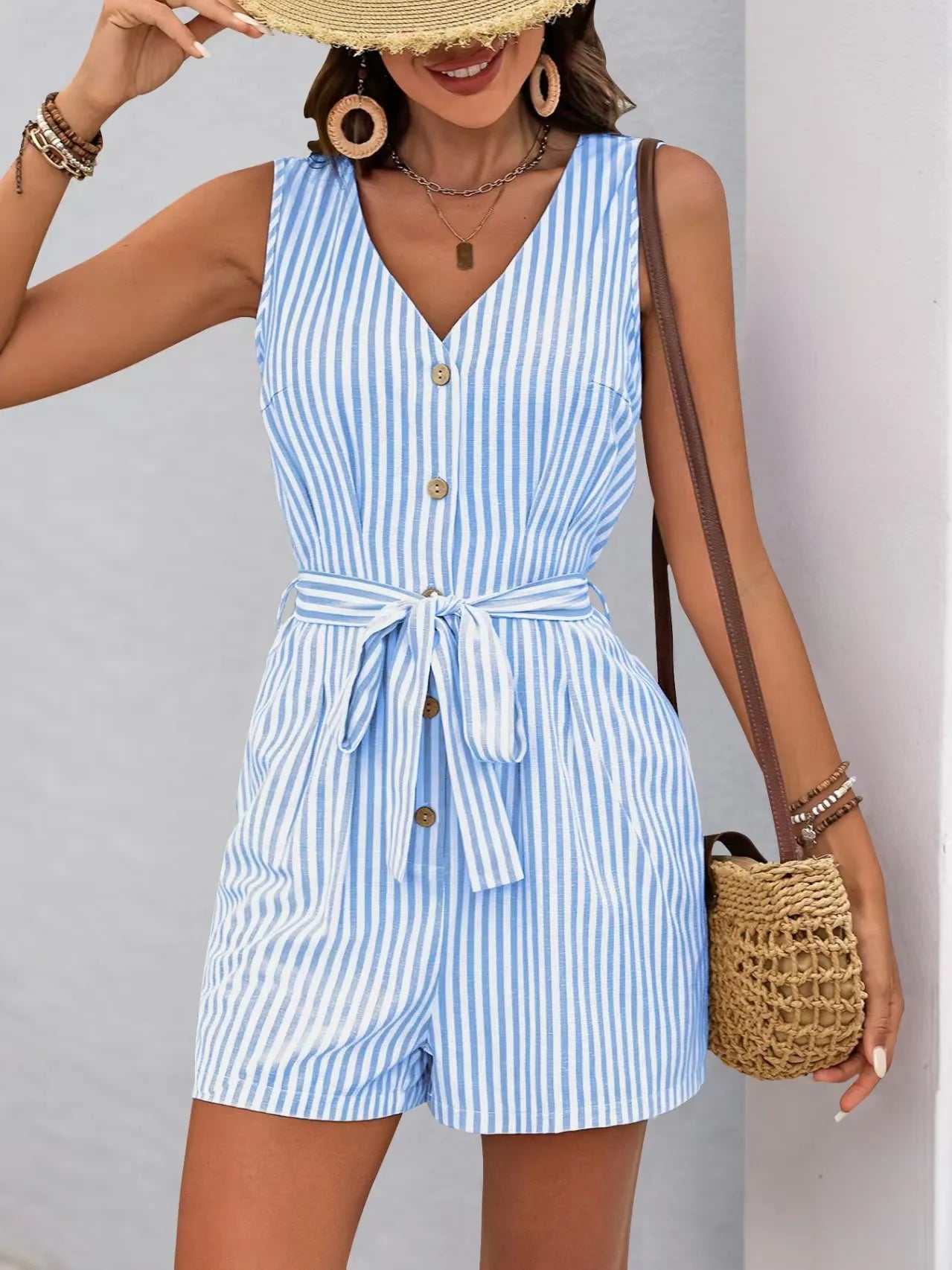 Striped V-neck Button Front Belted Romper OutfitFlow