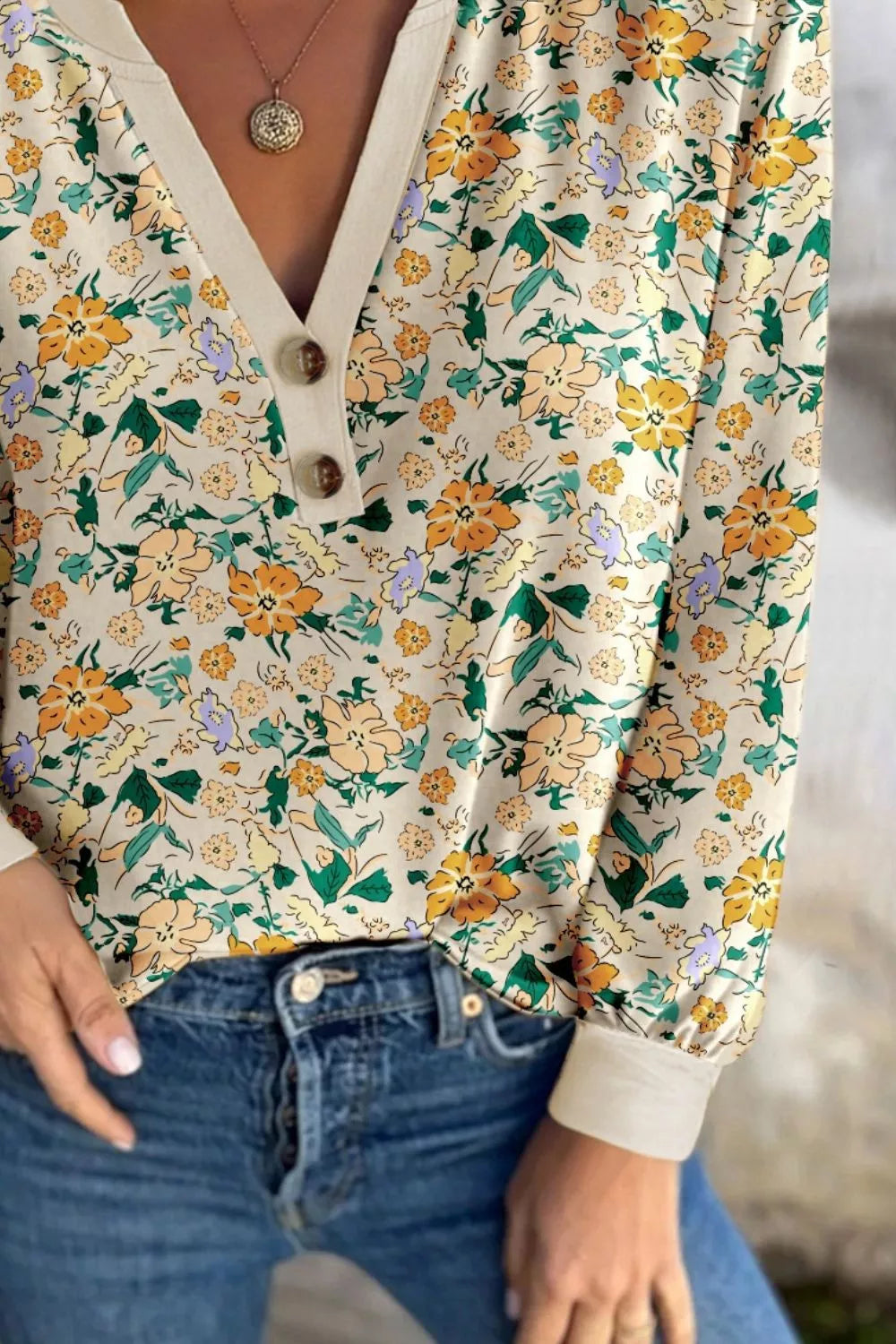 Floral Print Notched Long Sleeve Blouse OutfitFlow