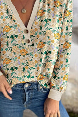 Floral Print Notched Long Sleeve Blouse OutfitFlow
