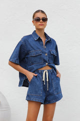 Collared Neck Button Up Top and Shorts Denim Set