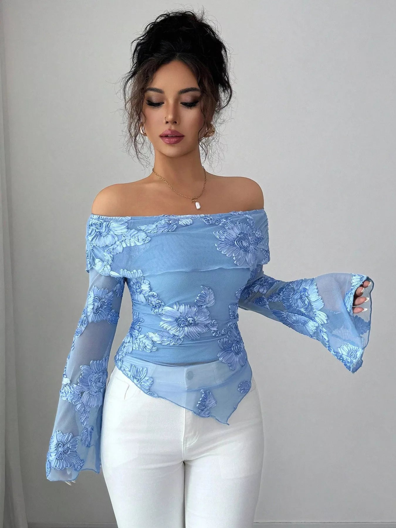 Floral Off-Shoulder Mesh Blouse OutfitFlow