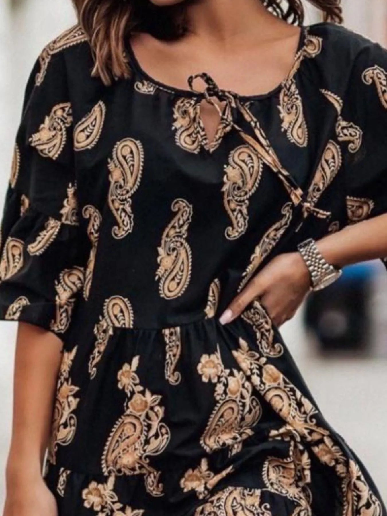 Paisley Print Tie Neck Half Sleeve Mini Dress OutfitFlow