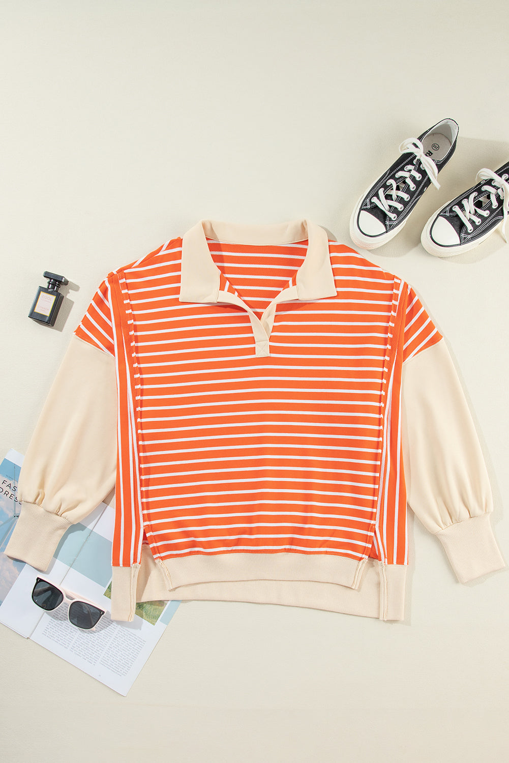 Outfit Flow - Striped Johnny Collar Long Sleeve Sweatshirt