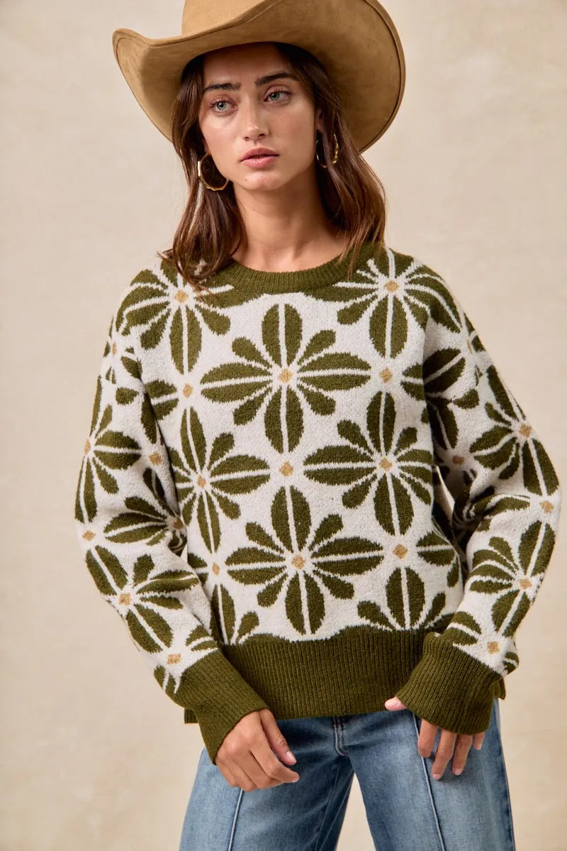 BiBi Flower Pattern Long Sleeve Sweater OutfitFlow