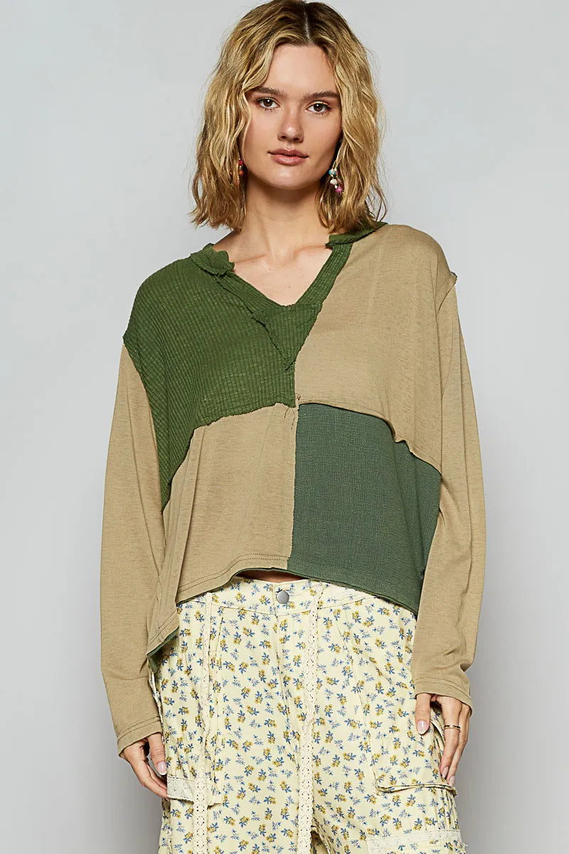 POL Color Block Notched Long Sleeve T-Shirt OutfitFlow