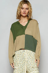 POL Color Block Notched Long Sleeve T-Shirt OutfitFlow