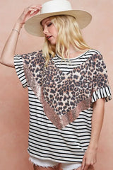 BiBi Stripe Rayon Span Knit Color Block Top With Leopard OutfitFlow