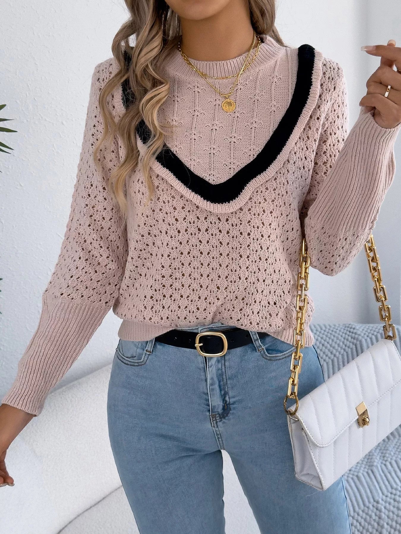 Hollow-Out Knit Top with Contrast Trim OutfitFlow
