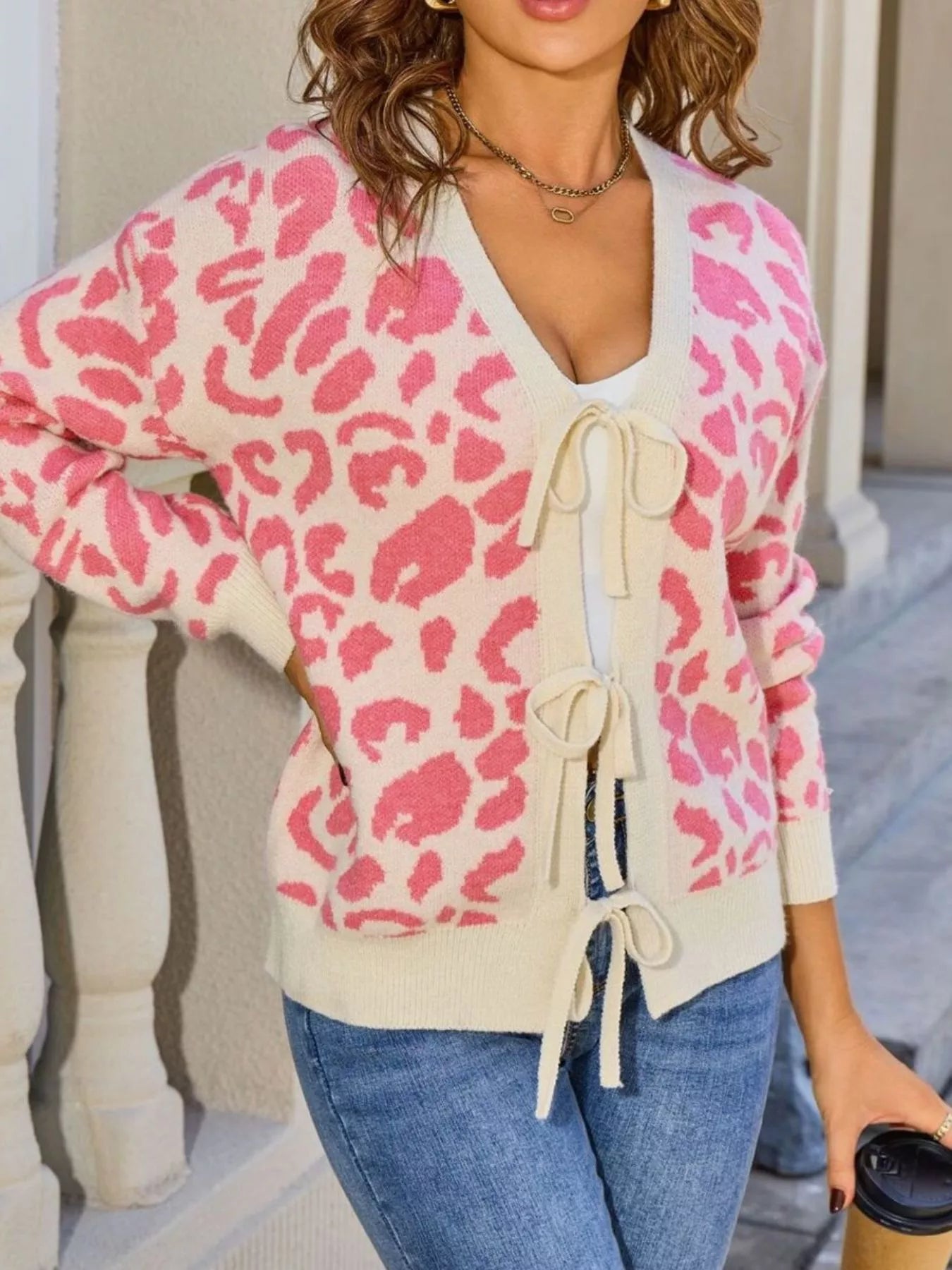 Leopard Tie-Front Cardigan Trendsi