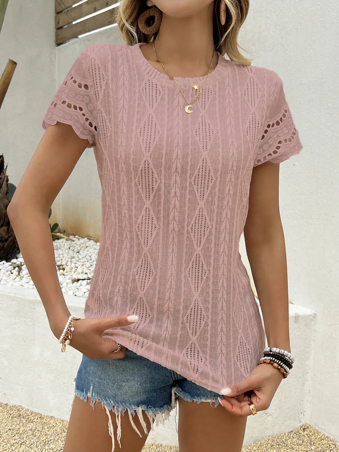 Crochet Lace Short Sleeve T-Shirt OutfitFlow