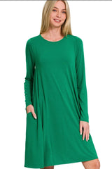 Zenana Long Sleeve Flare Dress With Pockets OutfitFlow