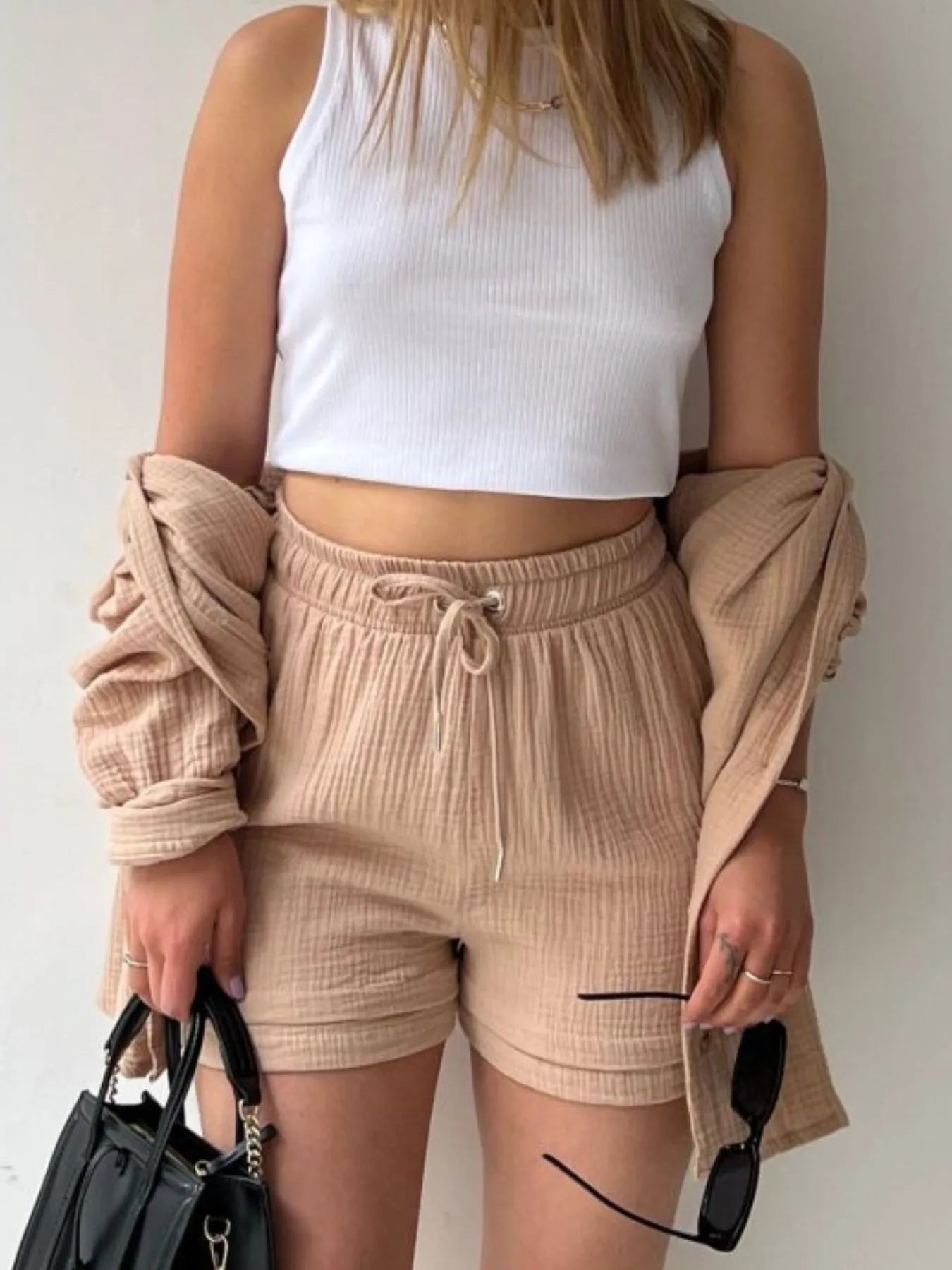 Textured Button Up Shirt and Shorts Set OutfitFlow