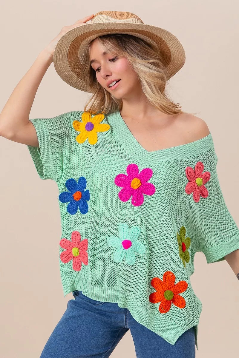 BiBi Flower Patches Dolman Sleeve Lightweight Sweater Trendsi