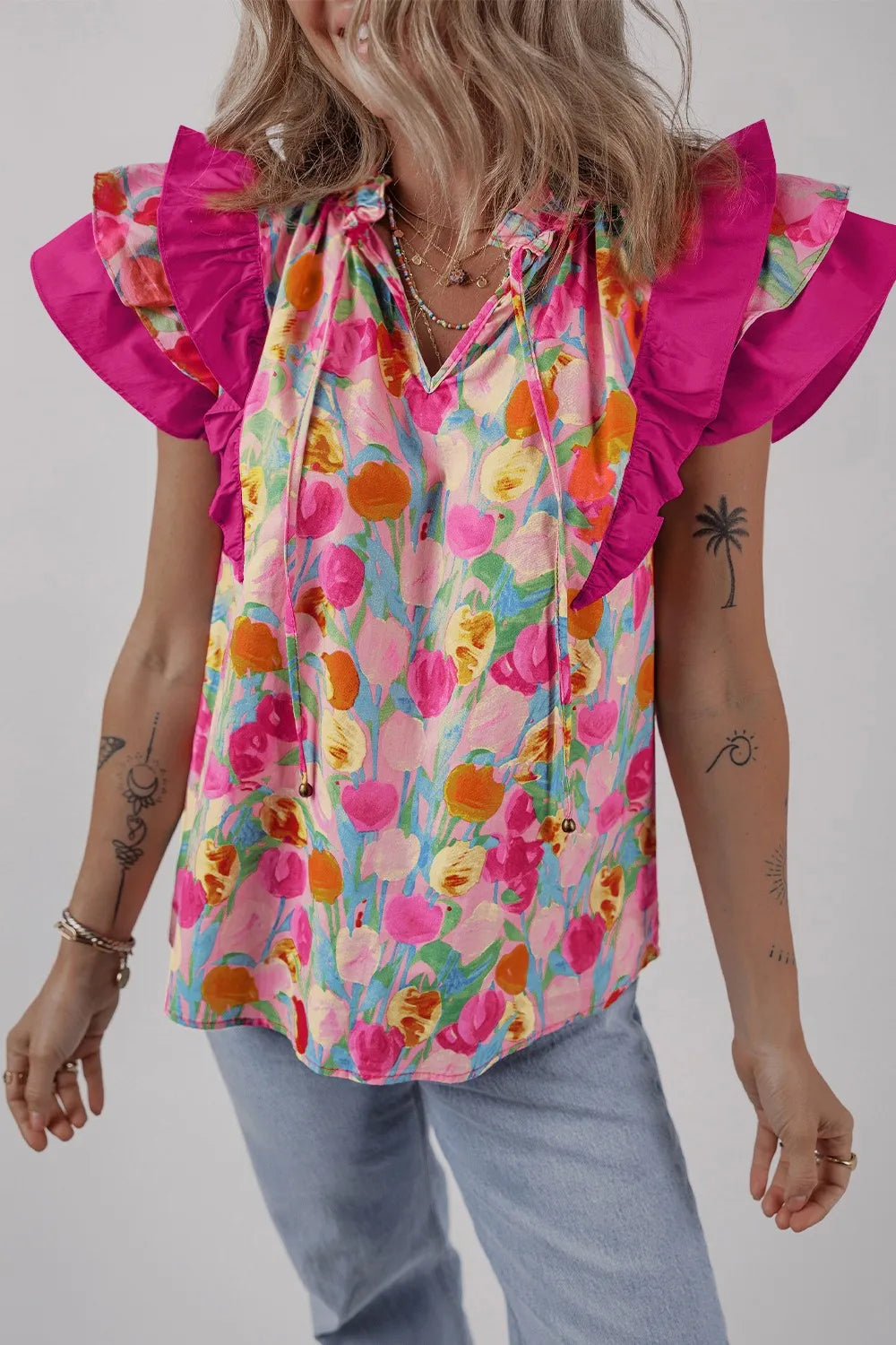 Floral Ruffle Layered Sleeve Blouse OutfitFlow
