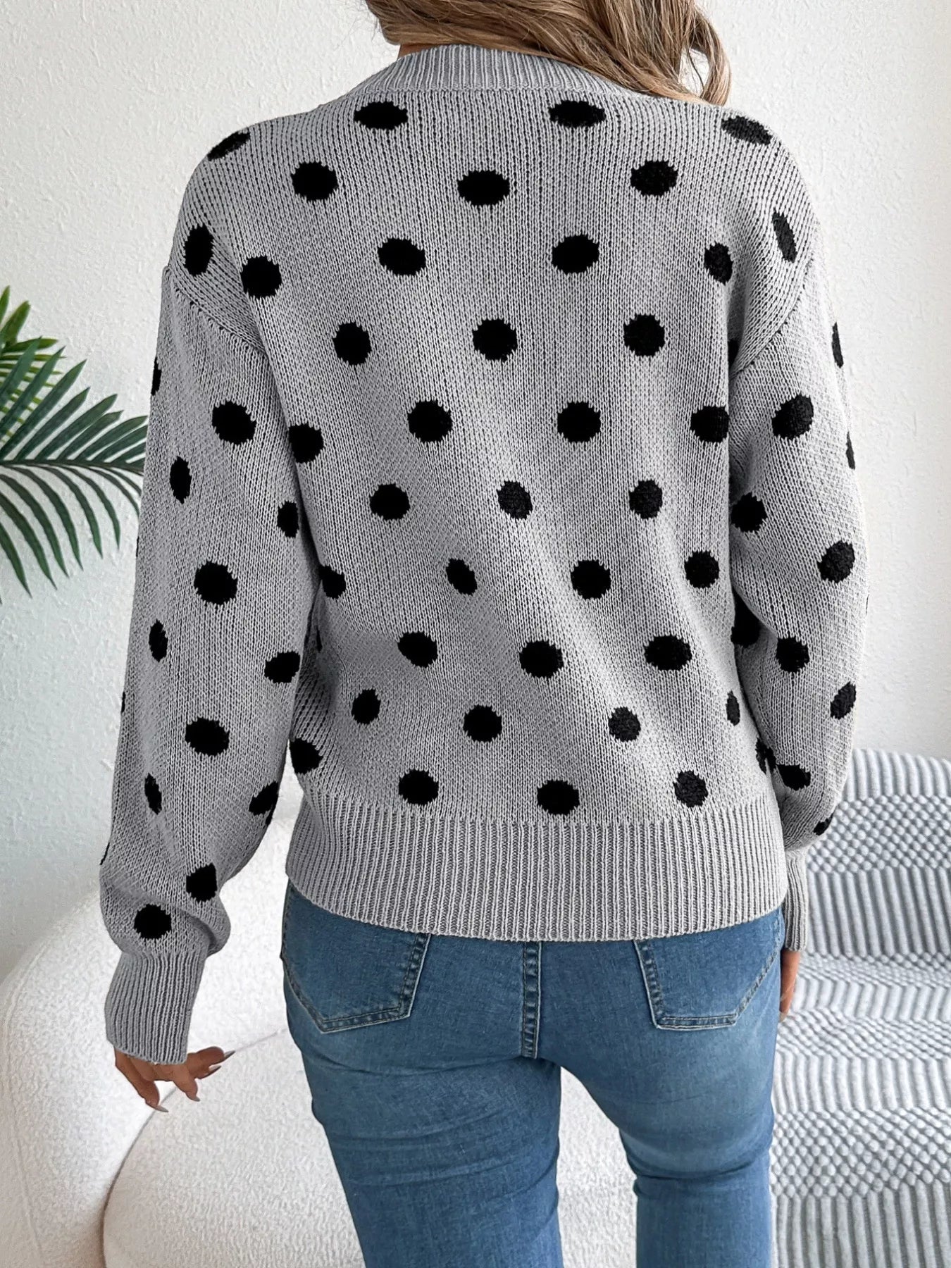 Polka Dot Round Neck Sweater OutfitFlow