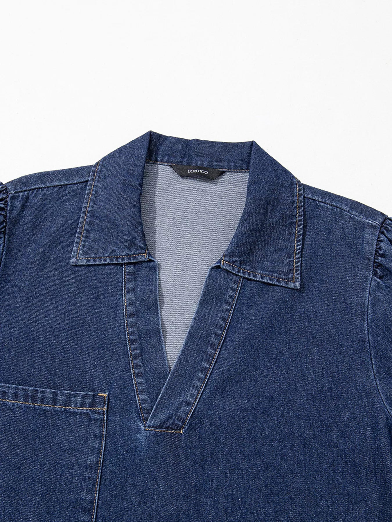 V Neck Collared Single Chest Pocket Long Sleeve Denim Dress OutfitFlow