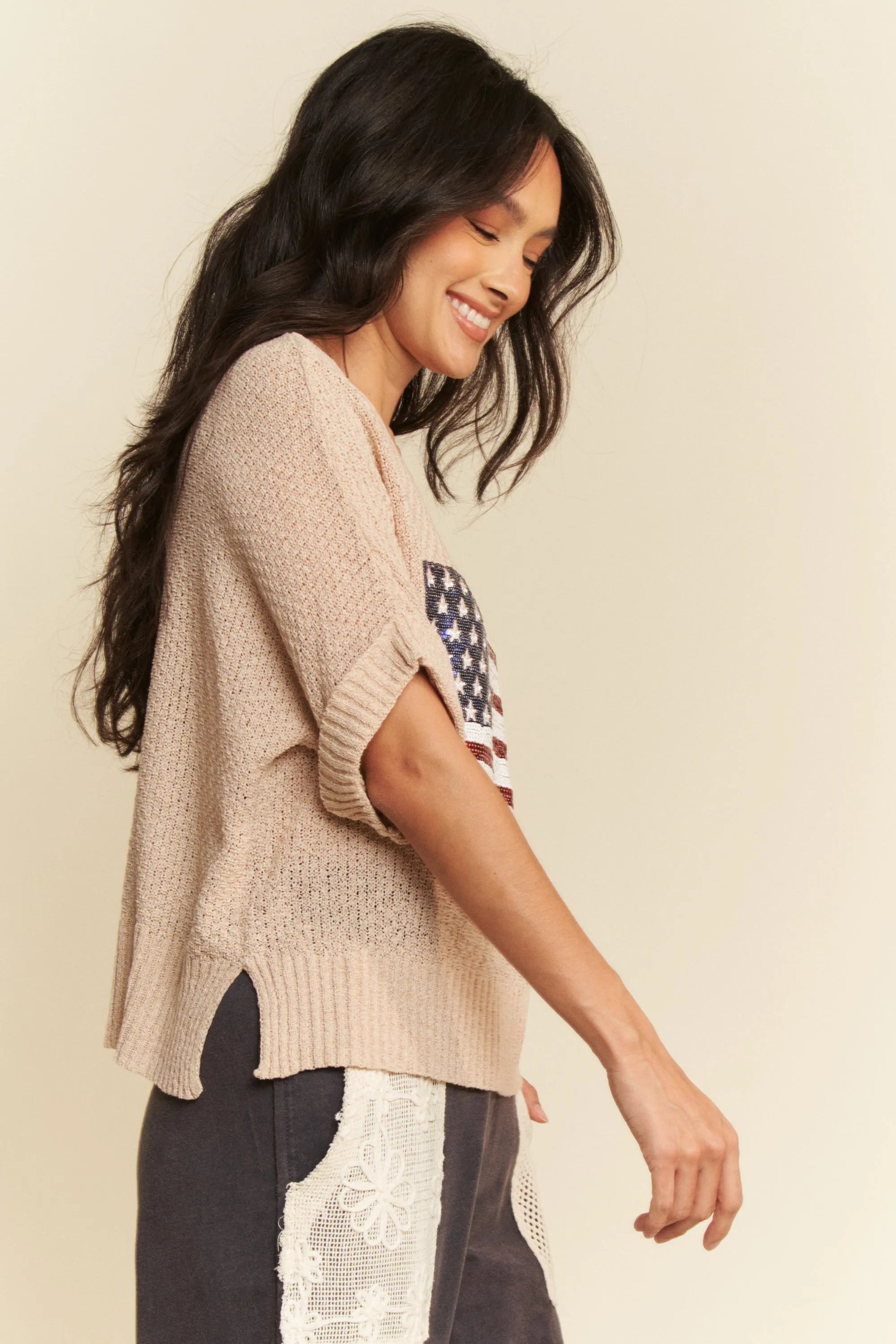 Davi & Dani Sequin American Flag Patch Short Sleeve Knit Top OutfitFlow