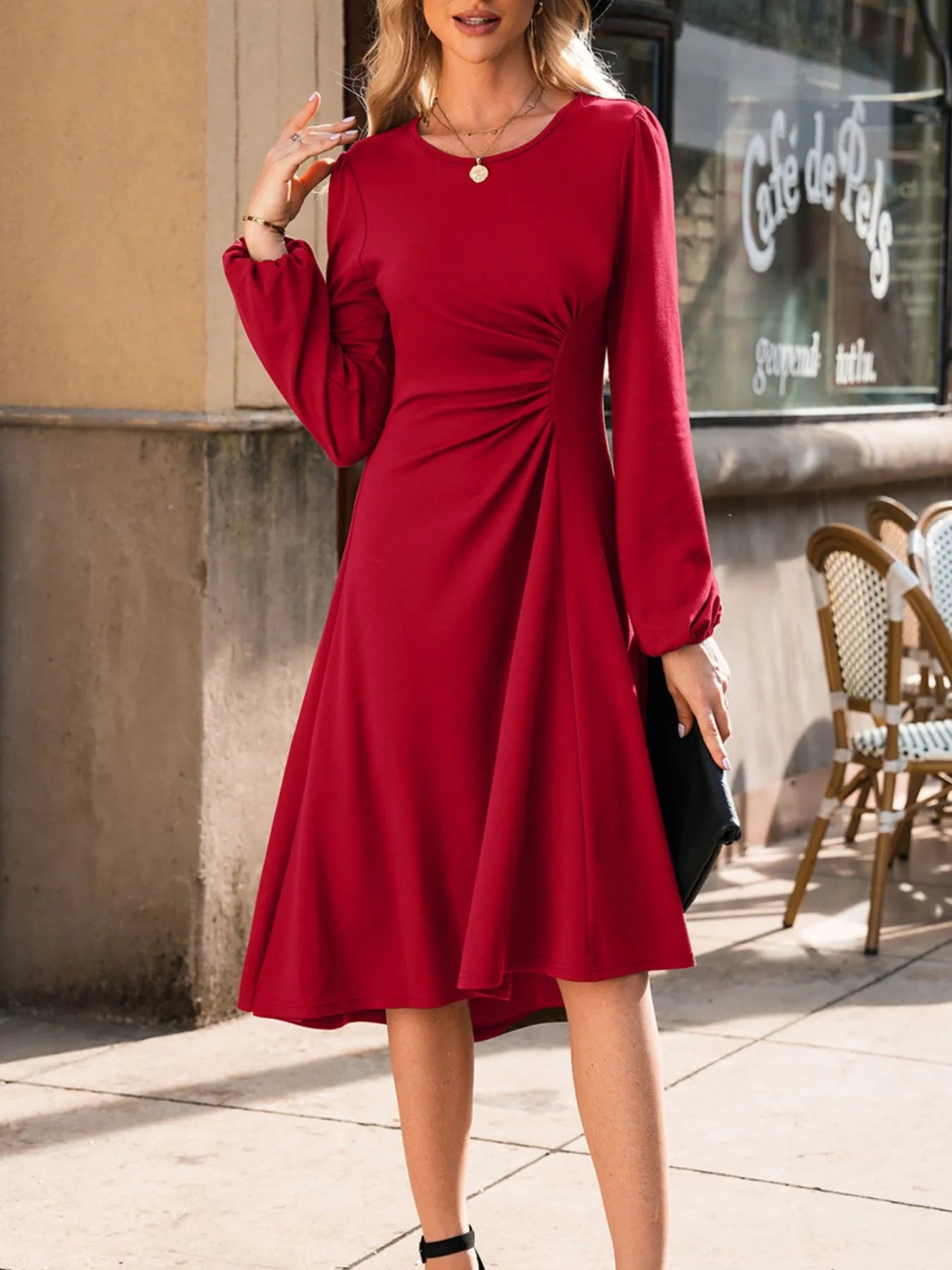 Solid Color Ruched Detail Long Sleeve Midi Dress OutfitFlow