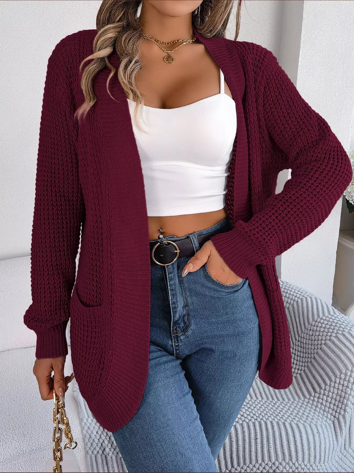 Chunky Knit Open Front Cardigan with Pockets OutfitFlow
