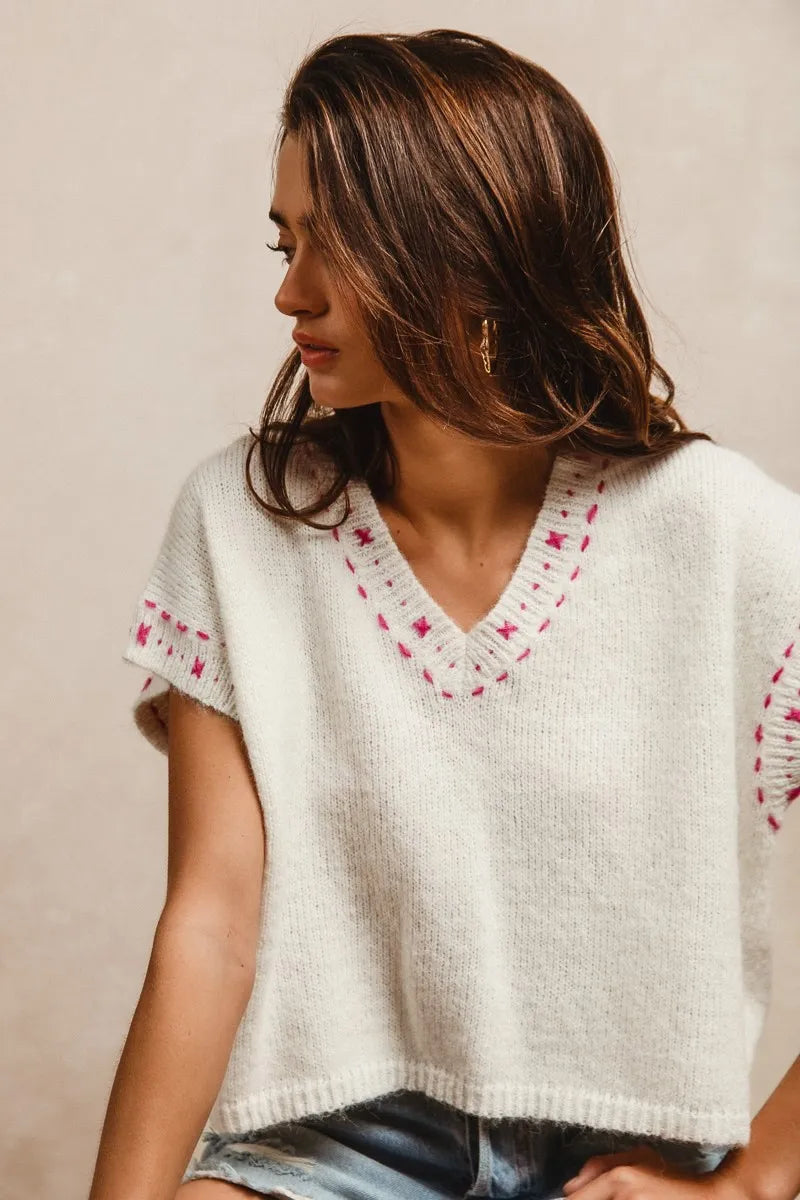 BiBi Knit Solid Contrast Stitch Detail Short Sleeves Sweater OutfitFlow