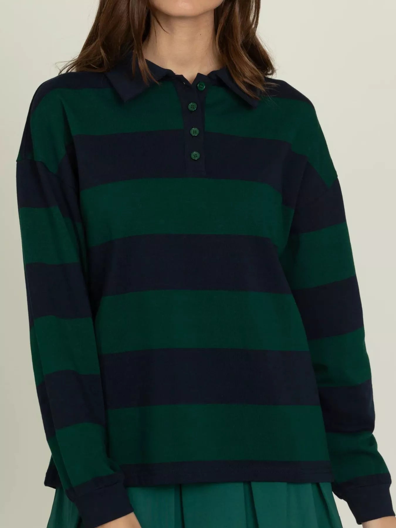 Striped Polo Collar Sweatshirt with Button Details Black Forest OutfitFlow