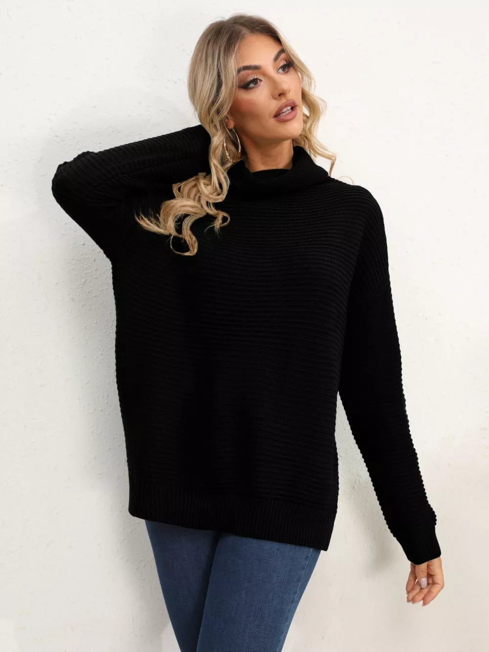 Slit Turtleneck Dropped Shoulder Sweater Trendsi