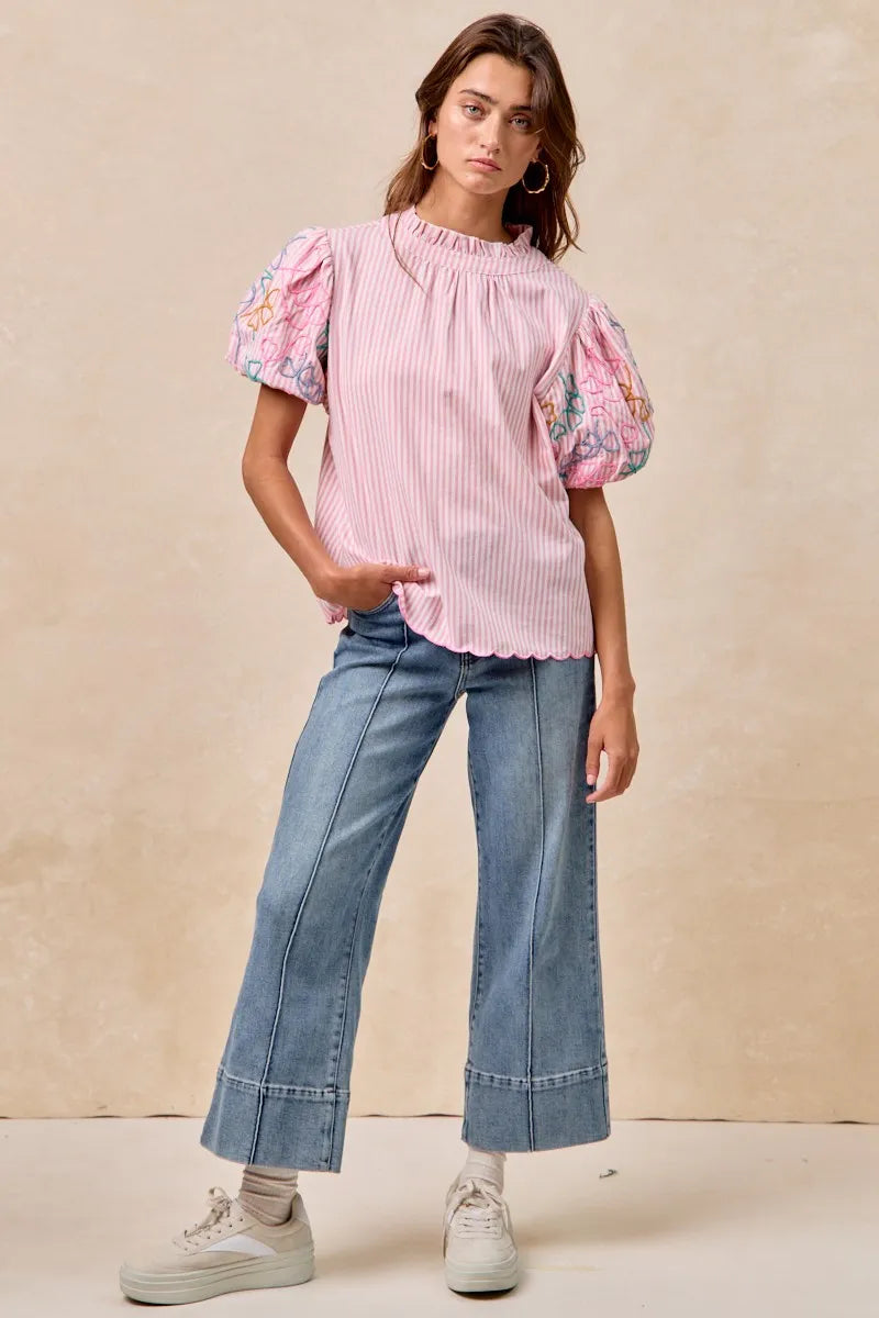 BiBi Embroidery Bubble Sleeve Top With Bottom Scallop Detail OutfitFlow
