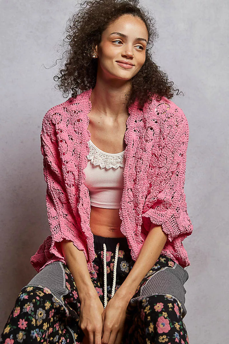 POL Floral Pattern Open Front Cardigan BUBBLEGUM PINK One Size Trendsi