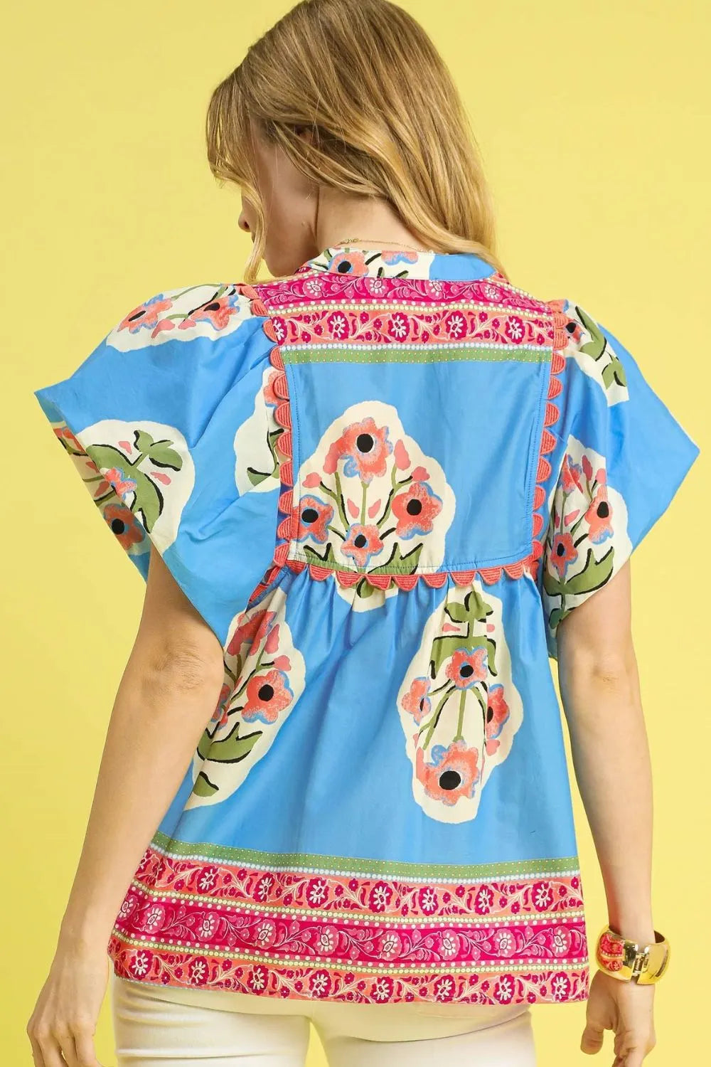 Umgee Floral Notched Puff Sleeve Blouse OutfitFlow