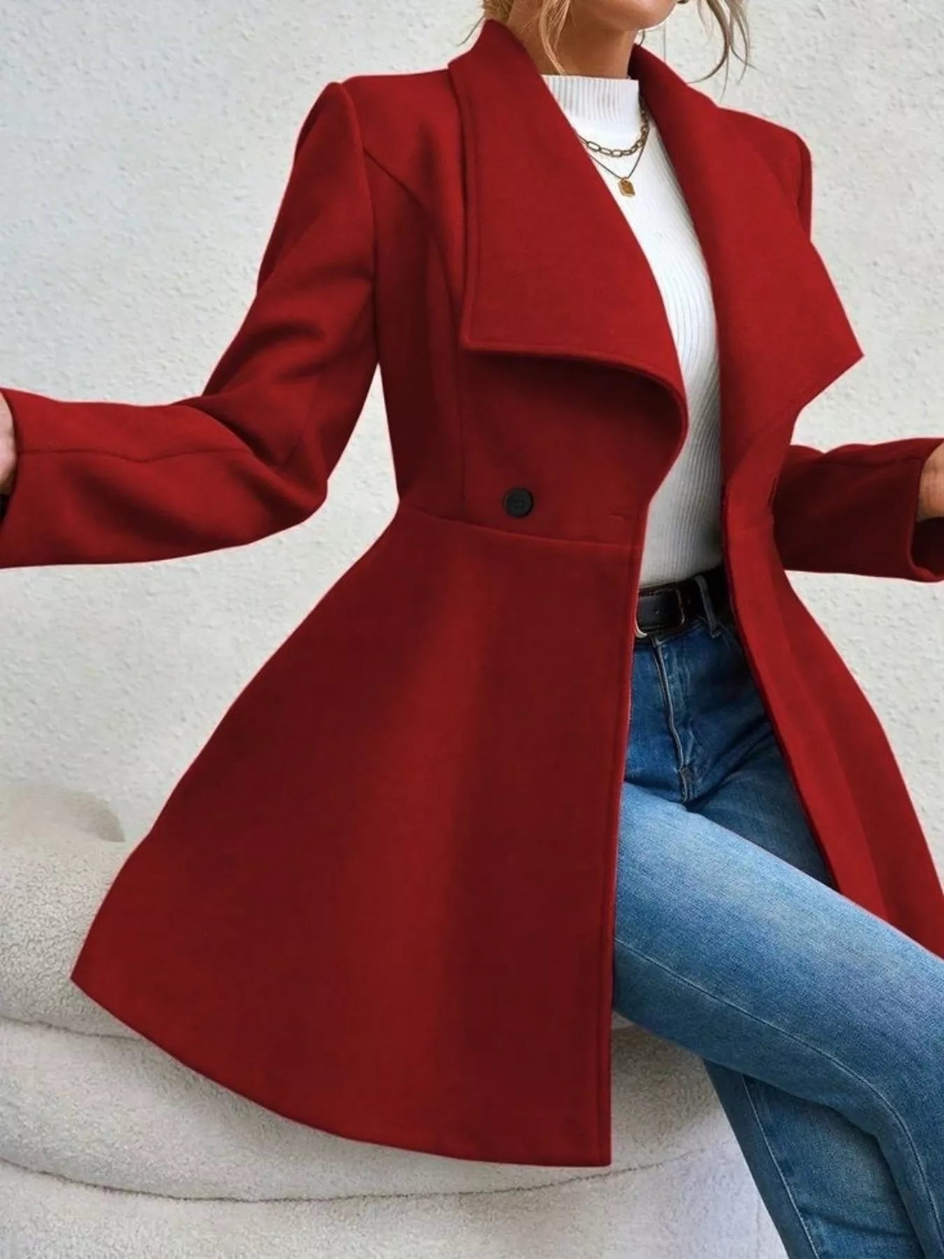 Collared Neck Double Breasted Coat Trendsi