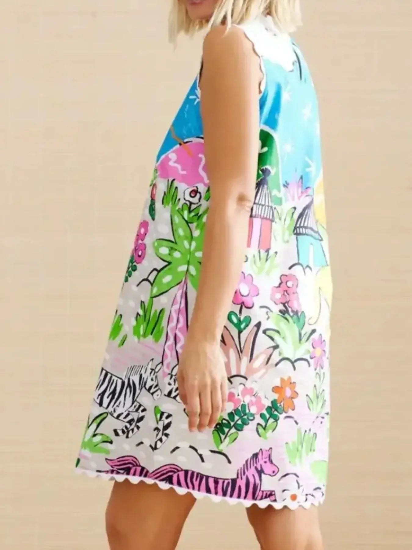 Printed Round Neck Sleeveless Mini Dress OutfitFlow