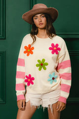 BiBi Colorful Floral Patched Sweater with Striped Sleeve OutfitFlow