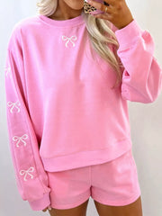 Bow Embroidered Sweatshirt and Shorts Set Pink OutfitFlow