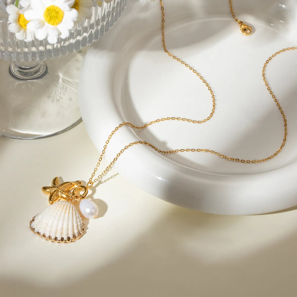 18K Gold-Plated Synthetic Pearl Shell Necklace OutfitFlow